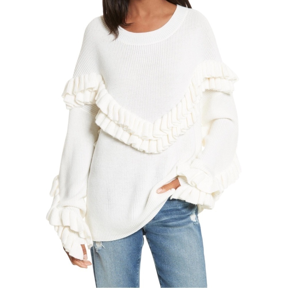 FRAME Ruffle Dolman Yoke Bateau Neck Off Merino Wool Blend White Sweater